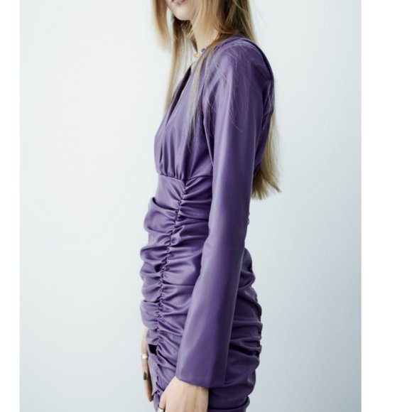 ZARA WOMEN NEW FAUX LEATHER DRESS SHORT Draped PURPLE 2134/322 S M - Picture 4 of 10